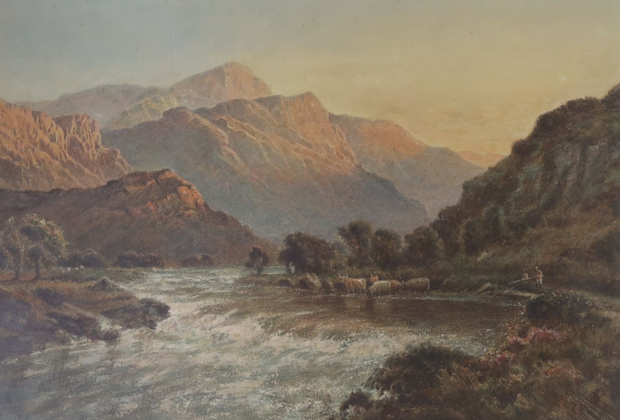 English School c.1900, watercolour, Anglers beside a Scottish river, 35 x 52cm